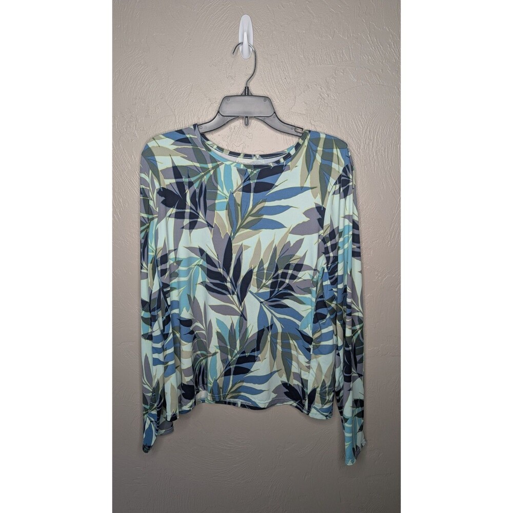 Hang Ten Womens Plus XXL Blue Green Leaf Print UPF 50+ Long Sleeve Rash Guard
